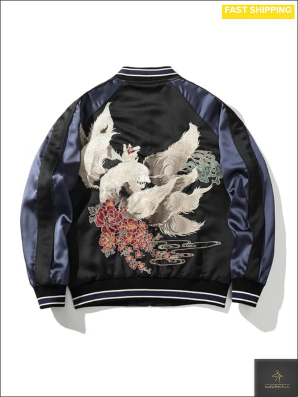 Men's Satin Bomber Jacket Embroidered Nine-Tailed Fox Varsity Sukajan Long